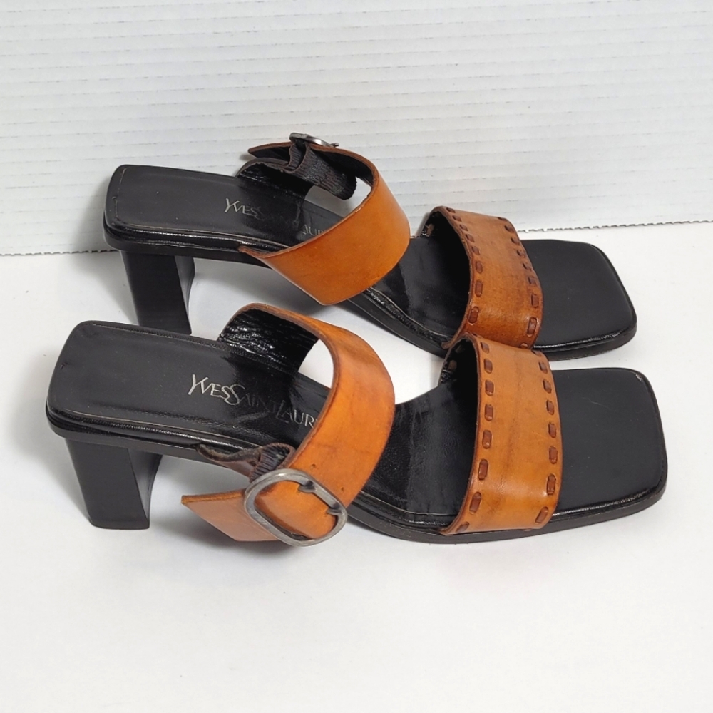 Yves Saint Laurent Dual Strap w Buckle Square Toe Vintage Leather Sandals 6.5Med - Picture 4 of 8
